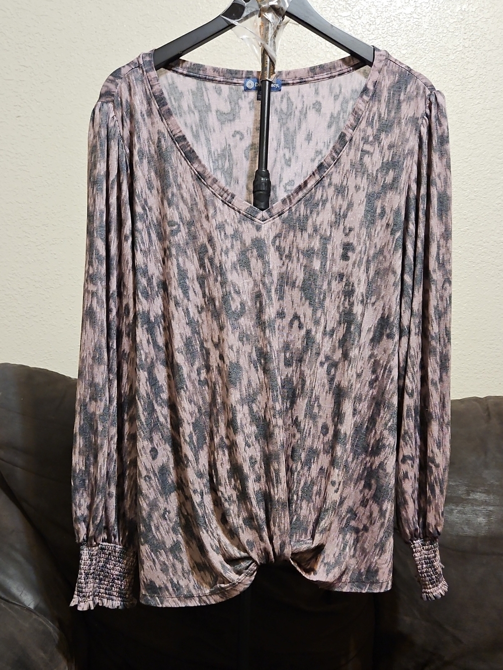 Democracy Purple and Charcoal Printed V-Neck Long Sleeve Top